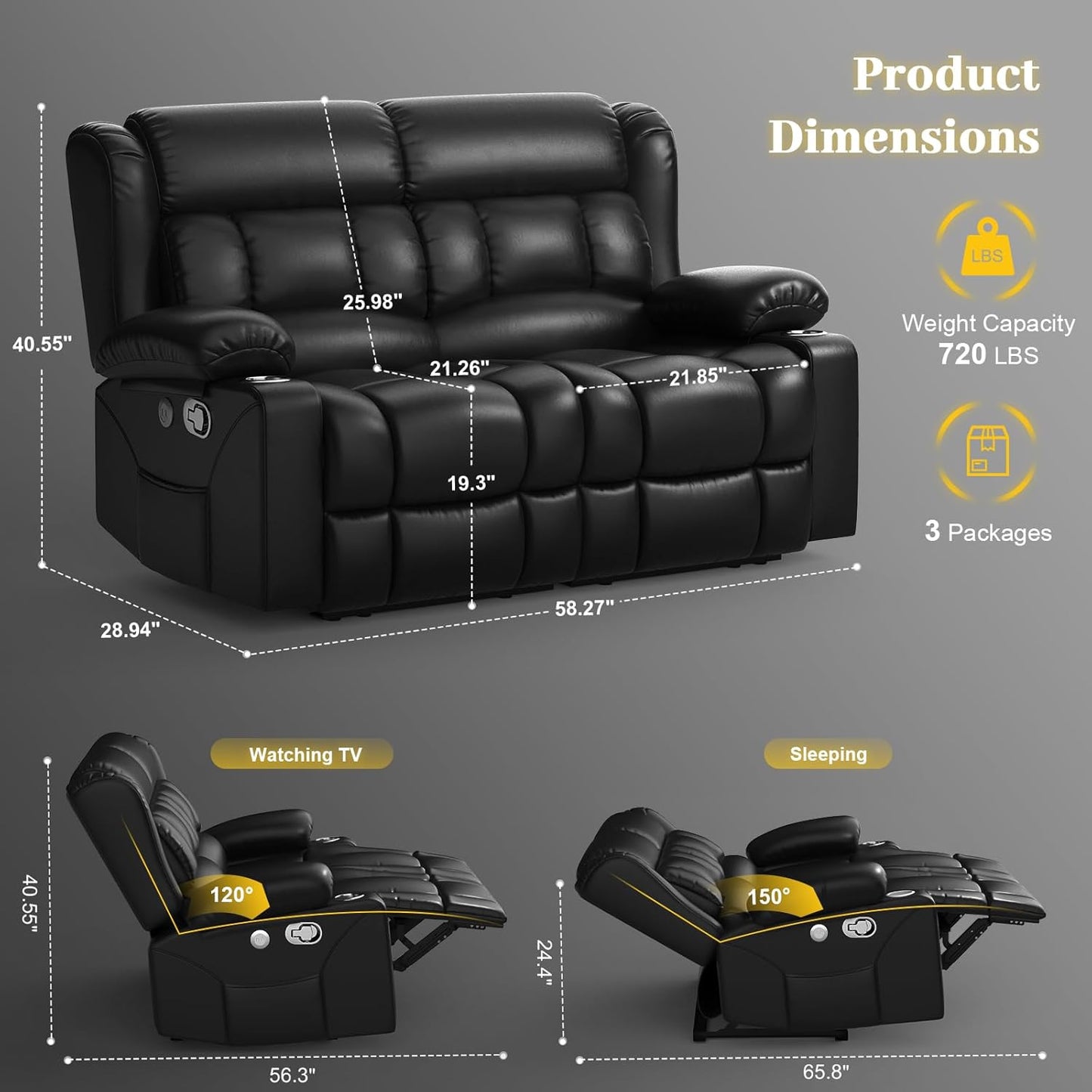 RV Loveseat Recliner Sofa, PU Leather RV Reclining Loveseat with USB Charge Ports, Cup Holders, 2 Seater Manual Pull Tab Recliner Sofa Couches for Living Room/RV, Black