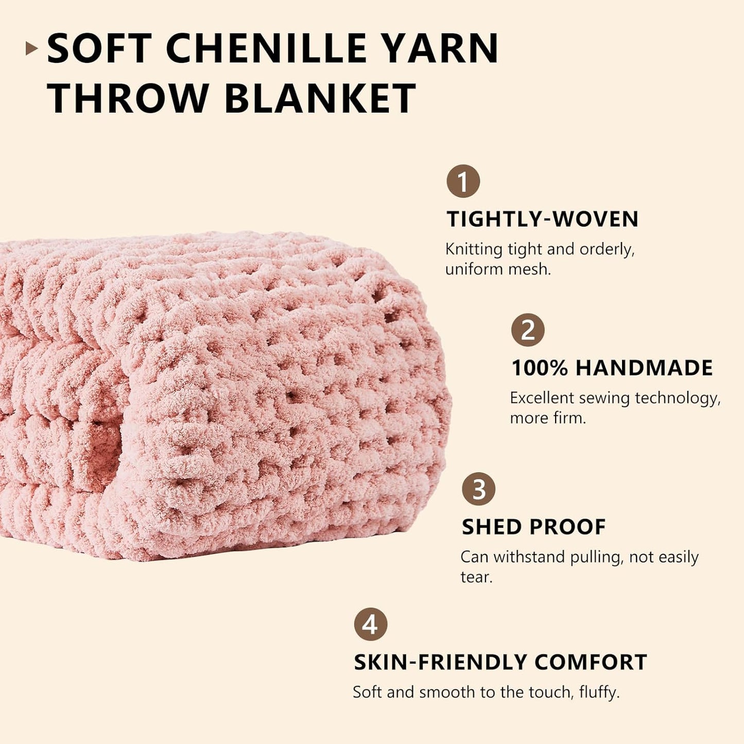 L'AGRATY Chunky Knit Blanket Throw - Soft Chenille Yarn Throw Blanket 40x50: Handmade Thick Knit Crochet Blanket - Large Chunky Rope Pink Throw Blanket for Couch Sofa Bed Home Decor