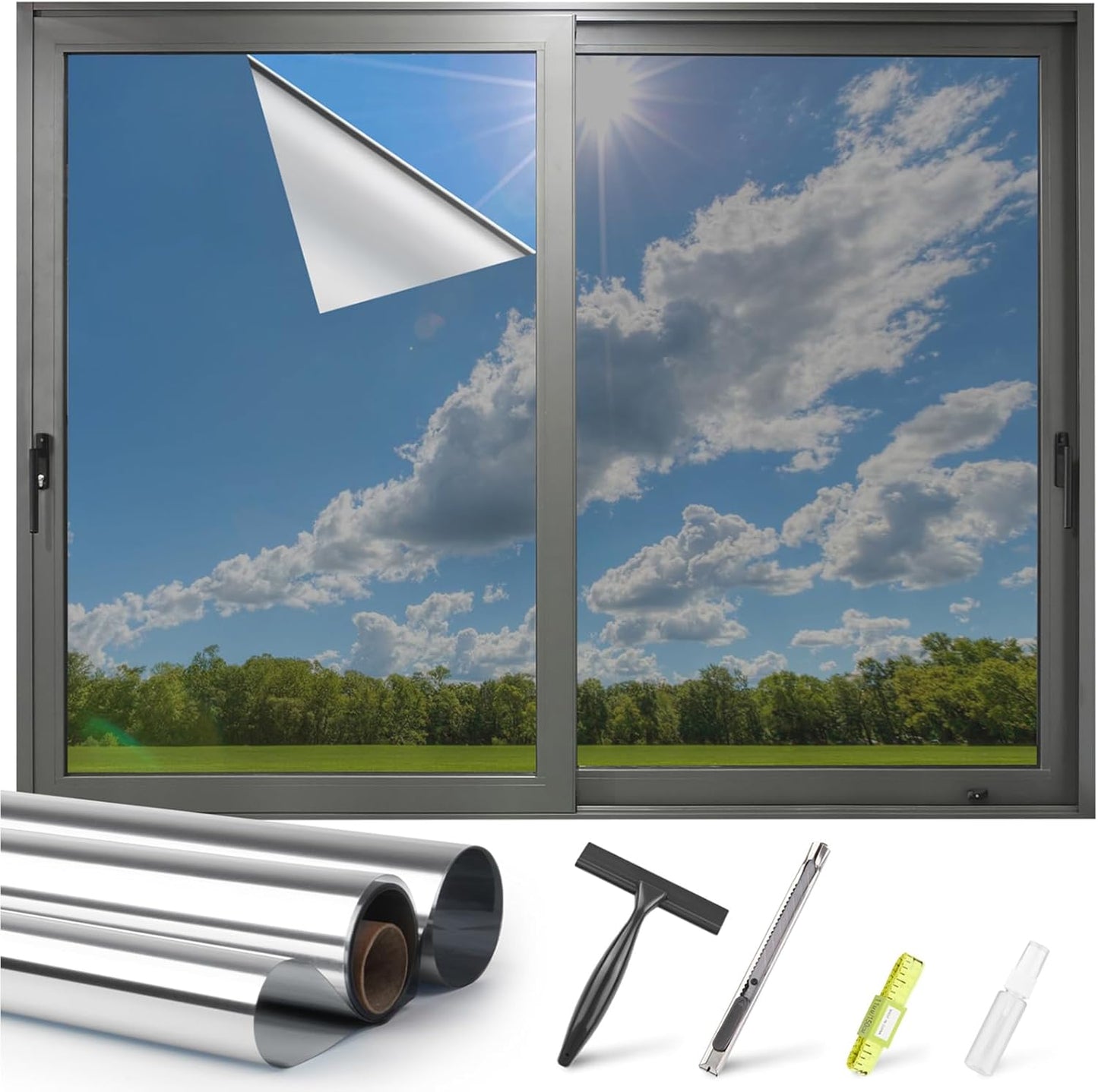 Kromapolis One Way Window Privacy Film Reflective Mirror Home Window Tint, Daytime Privacy Heat Control Anti UV Glass Tinting Static Cling (Silver, 35.4 x 78.7 inch)