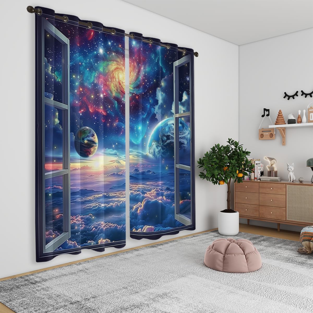 Space Galaxy Blackout Curtains for Girls Boys Kids Home Decor, Universe Nebula Galaxies Solar Planet Grommet Thermal Insulated Drapes Darkening Window Curtain for Bedroom Living Room, 84 x 84 Inch