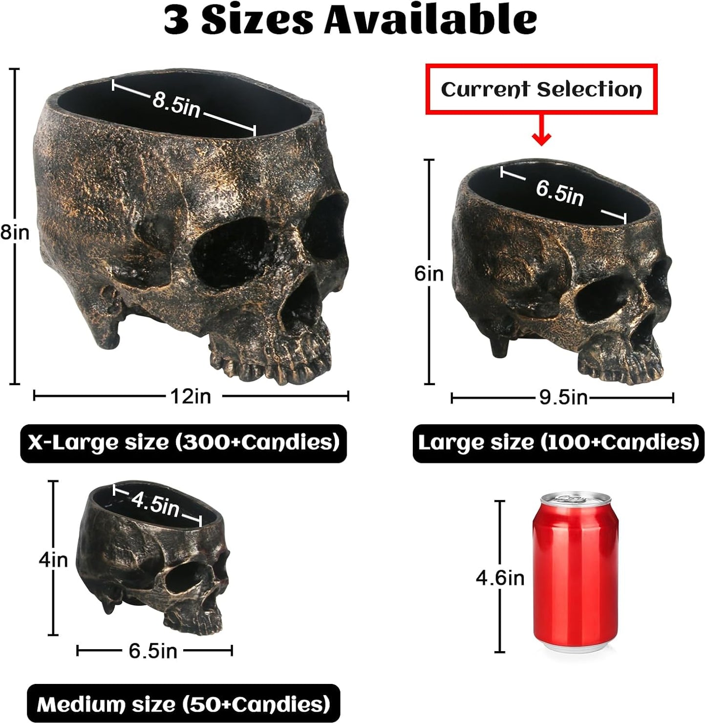 GameXcel Halloween Skull Candy Dish - Large Skull Candy Bowl for Trick or Treat - Skeleton Head Treat Container Planter or Desktop Halloween Decor - Bronze Resin