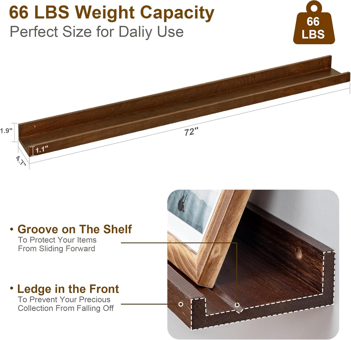 Floating Picture Ledge Shelves 72 Inch Solid Oak Wood Set of 2, Rustic Wall Storage Shelves with Lip, Kids Bookshelf, Photo & Picture Ledge Shelves for Bedroom, Living Room, Kitchen