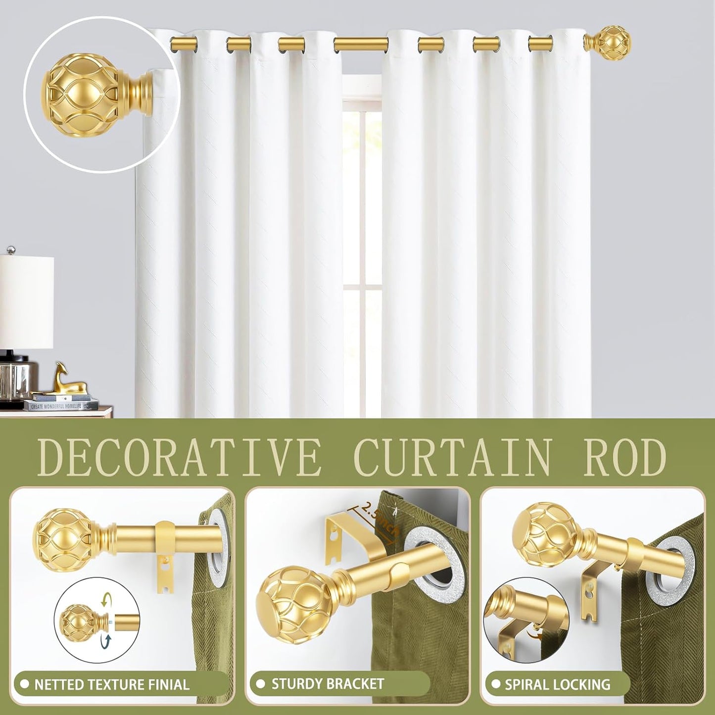 Gold Adjustable Curtain Rods for Windows:66-120 Inch Farmhouse Heavy Duty Curtain Rod for Bedroom Living Room,Boho Decorative Rustic Drapery Rods with Vintage Coastal Texture Finial,Brass Gold