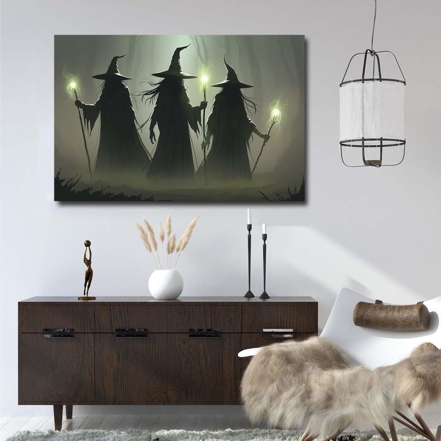 JFHCQJPK Vintage 3 witches canvas wall decor melancholy dark Halloween poster wall decor holding a staff print Gothic horror Halloween painting print for living room bedroom24x36in Frameless