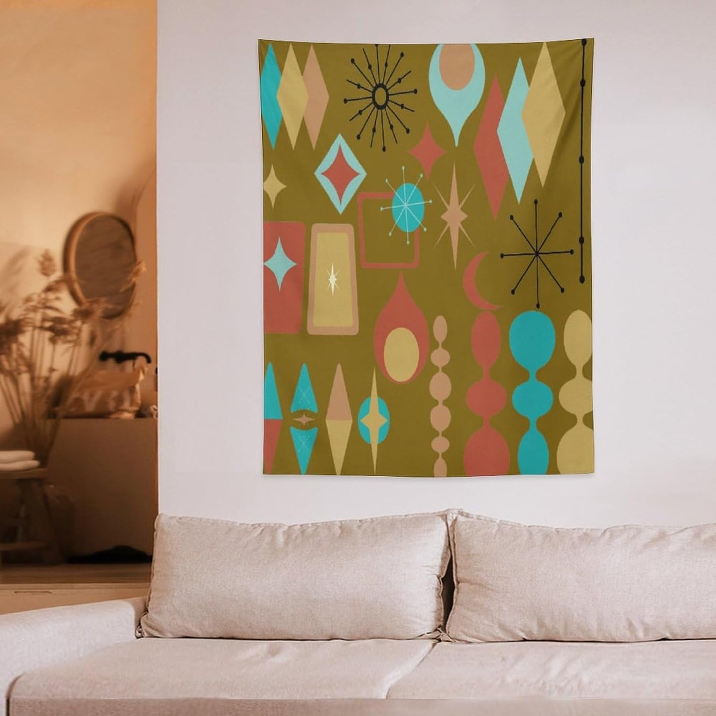 ICMOLYYENLO Boho Medieval Cat Tapestry, Abstract Atomic Starburst Geometric Aesthetic Art Wall Hanging For Bedroom Living Room Dormitory 50x60 Inches