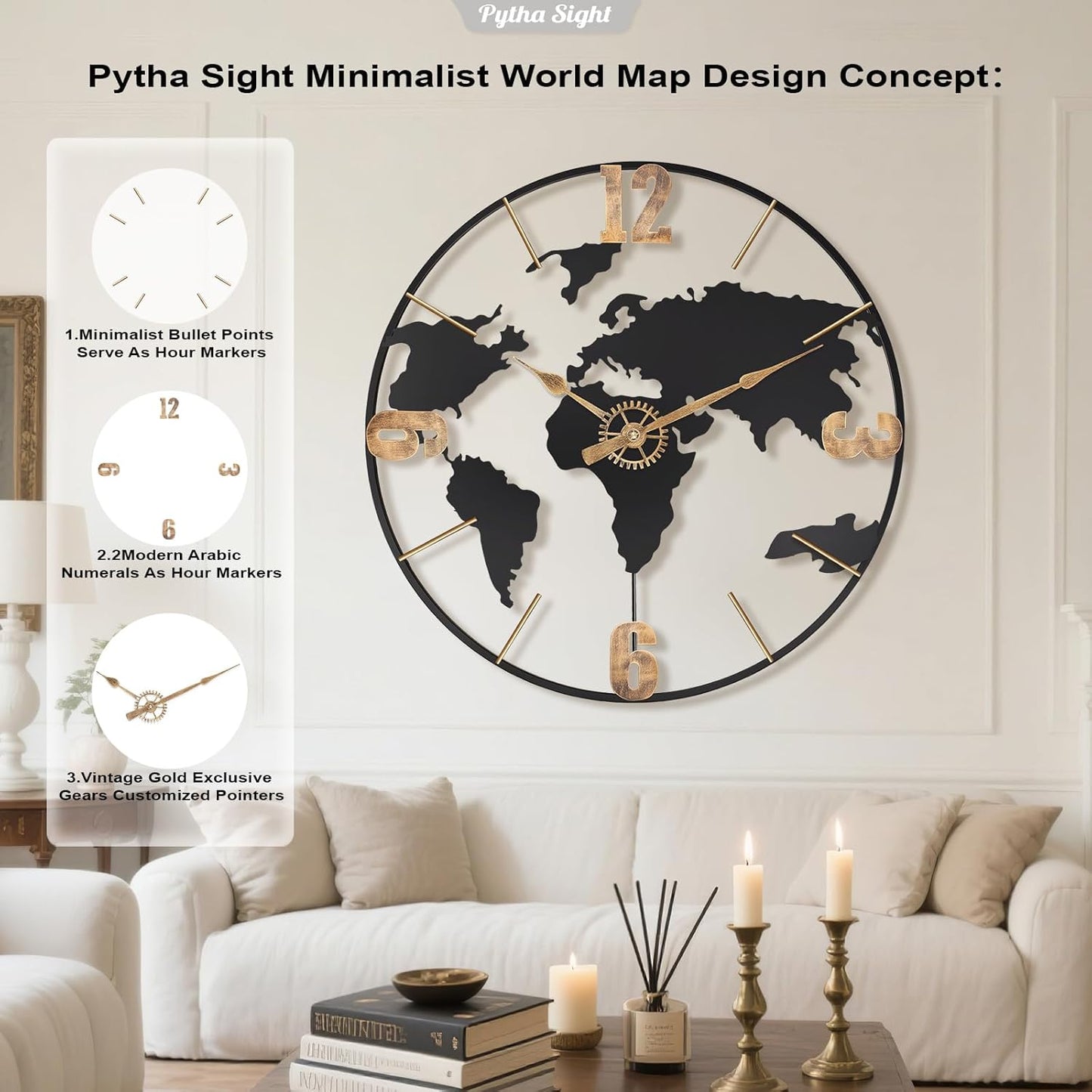 30 Inch Large Modern Decorative Metal World Map Wall Clocks Giant Extra Vintage Gold Arabic Numeral Oversized Wall Clock for Living Room,Office,Dining Room,Entryway,Fireplace