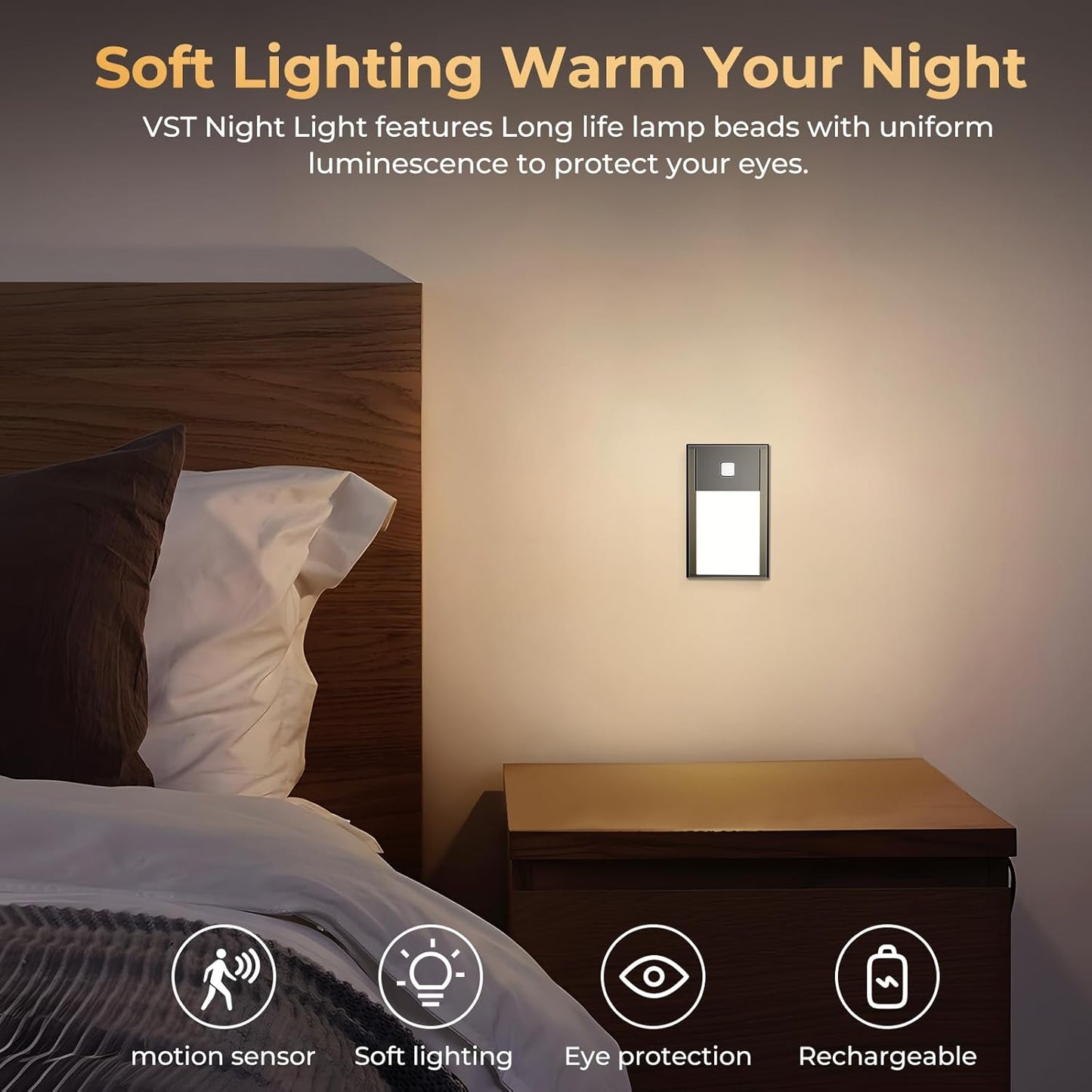 VST Motion Sensor Night Light, Rechargeable Battery Powered Led Light with Magnetic Suck Installation for Bedroom Hallway Stair Nursery Kids Room (2.68 inch 3000K 3Pack Black)