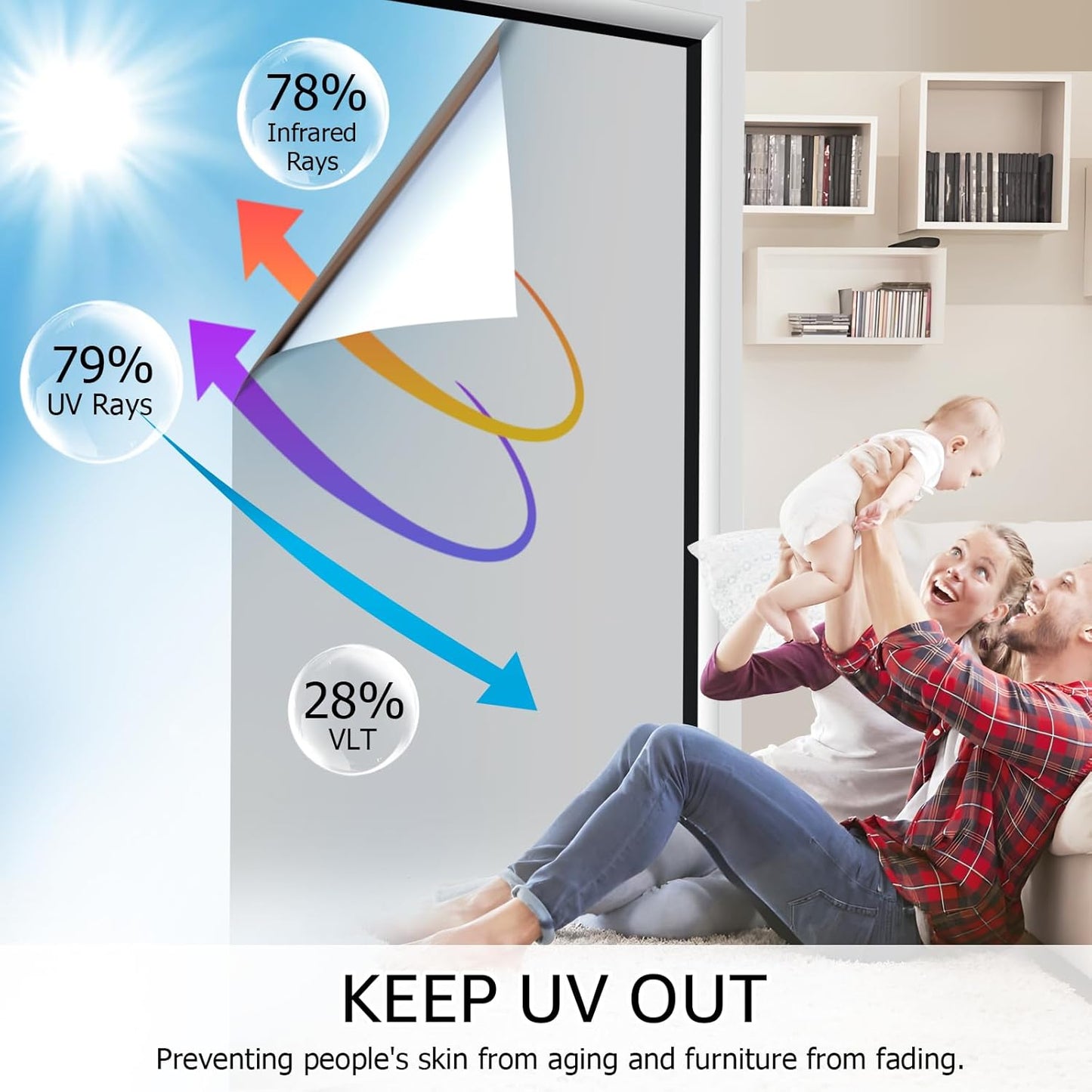 HIDBEA One Way Privacy Window Film, Daytime Privacy Sun Blocking Anti UV Reflective Window film Heat Control Static Cling Window Tint film for Home and Office, Silver, 35.4 x 98.4 Inch