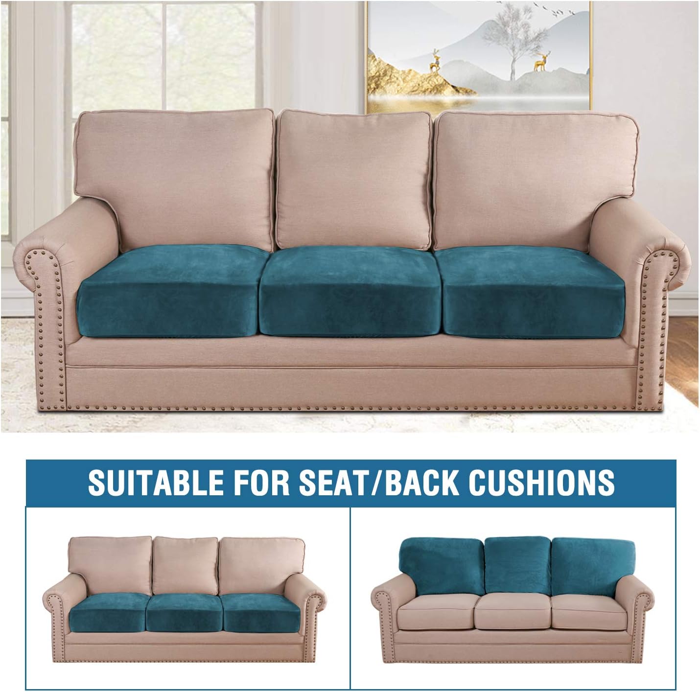H.VERSAILTEX Velvet Stretch Couch Cushion Cover Plush Cushion Slipcover for Chair Loveseat Sofa Cushion Furniture Protector Seat Cushion Sofa Cover (3 Piece Sofa Cushion Covers, Deep Teal)