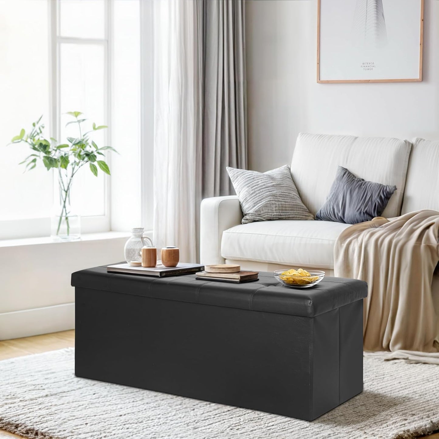 SUPER DEAL 43 Inch Folding Storage Ottoman Bench, Faux Leather Storage Chest Shoes Bench with Divider Padded Seat Couch Footrest for Bedroom Entryway, 660 lbs Capacity 43"x 15"x 15", Black