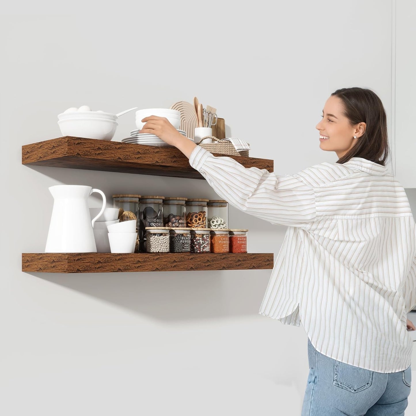 Heimlove 36 Inch Floating Shelves for Wall,10 Inch Deep Brown Wood Shelves with Invisible Brackets,Wall Mounted Storage & Display Shelves for Bedroom,Living Room,Kitchen,Office