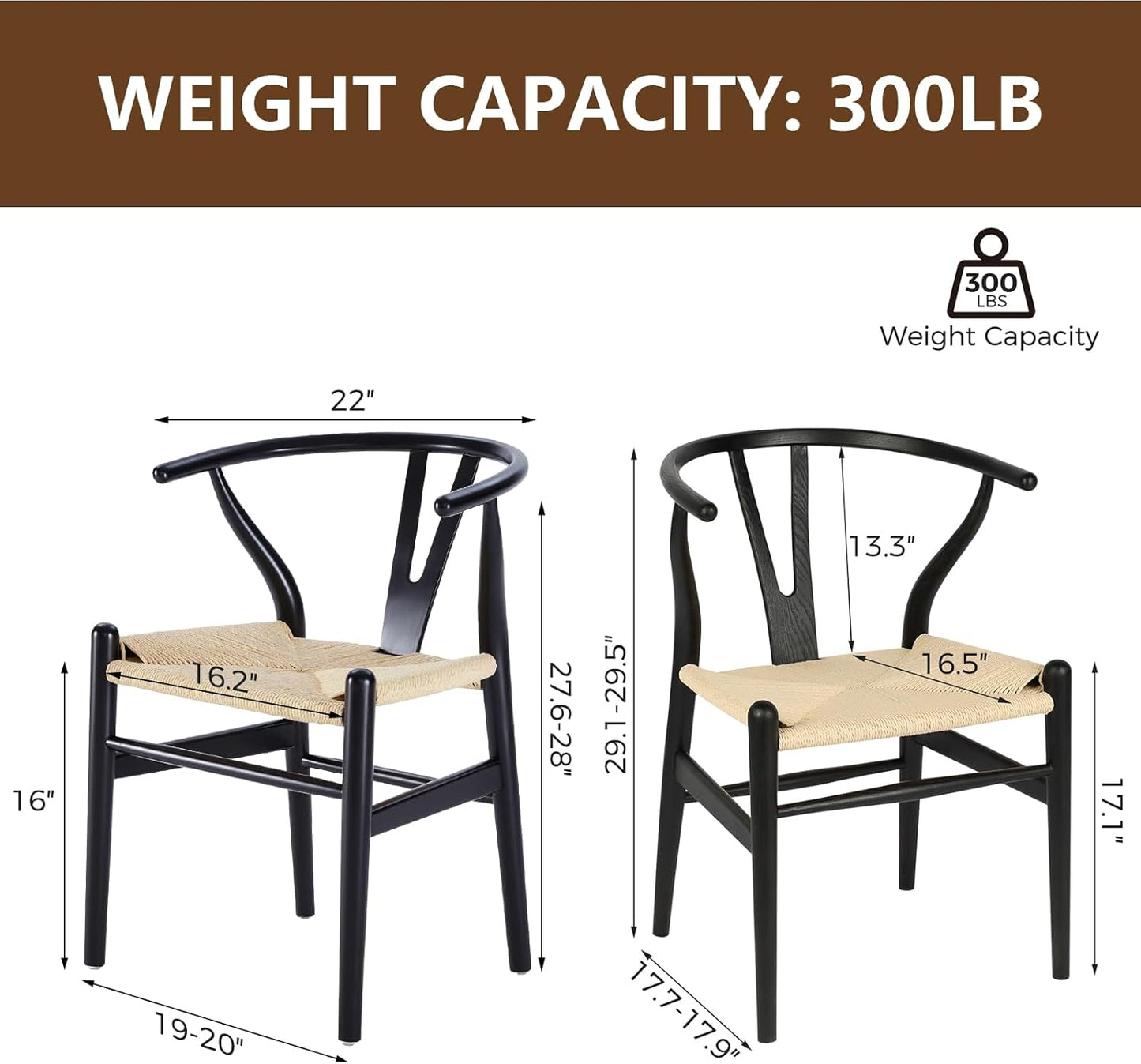 Wishbone Chair Natural Solid Wood Dining Chair/Hans Vegner Y Chair Rattan and Wood Accent Armrest Chairs (Ash Wood - Black + Natural Cord)