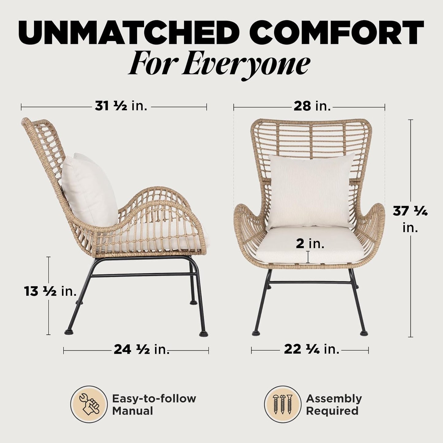 IDZO Isabelle Wicker Chairs Set of 2, 2000 Hours UV Wicker Rattan Chair, 500lbs Capacity Boho Patio Chairs with Thick Olefin Cushions and Pillows for, Indoor Use
