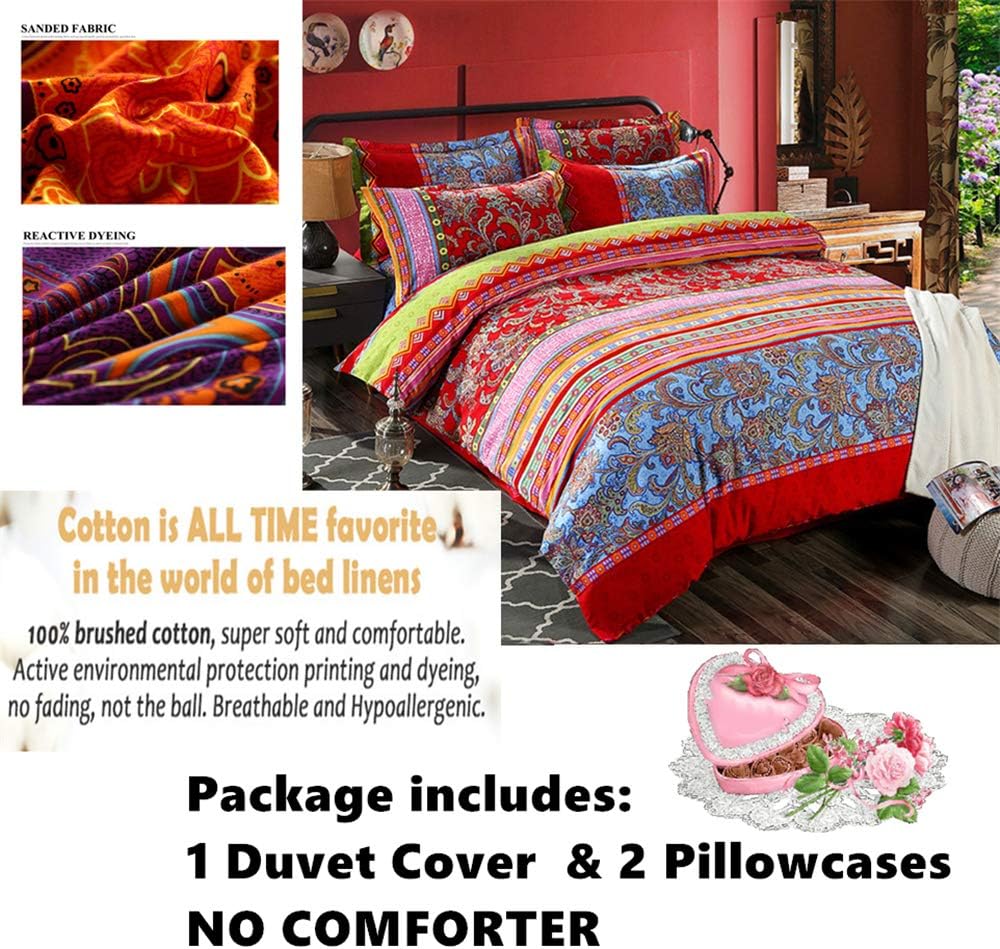 ABREEZE Bohemian Duvet Cover Set Colorful Red Boho Retro Bedding Set Damask Paisley Cotton Duvet Cover Tribal Reversible Bedding Exotic Style Comforter Cover 3-Piece Full
