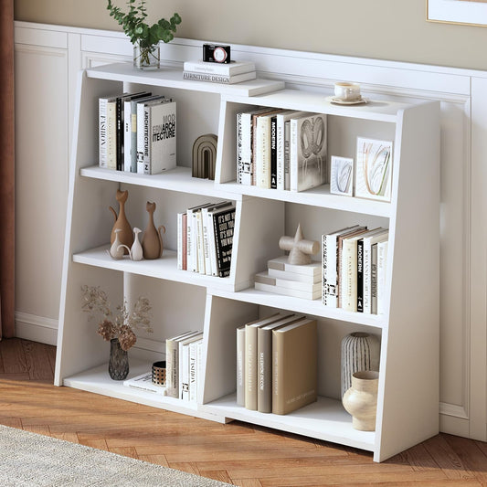 IOTXY Wooden Extendable Shelf Bookcase - 3-Tier Ladder Low Short Bookshelf for Small Space or Corner, White, S