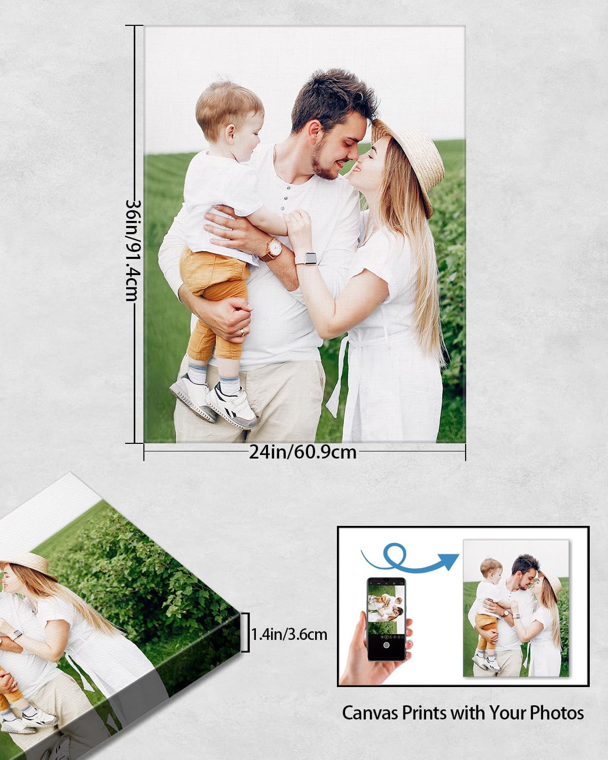 Personalized Custom Canvas Wall Art, Custom Canvas Prints with Your Photos for Living Room, Bedroom, Wedding Pet Baby Family Photo Framed Wall Art, Customized Photo Gift for Family，Friend，Lover，Pet (24L" x 36W")