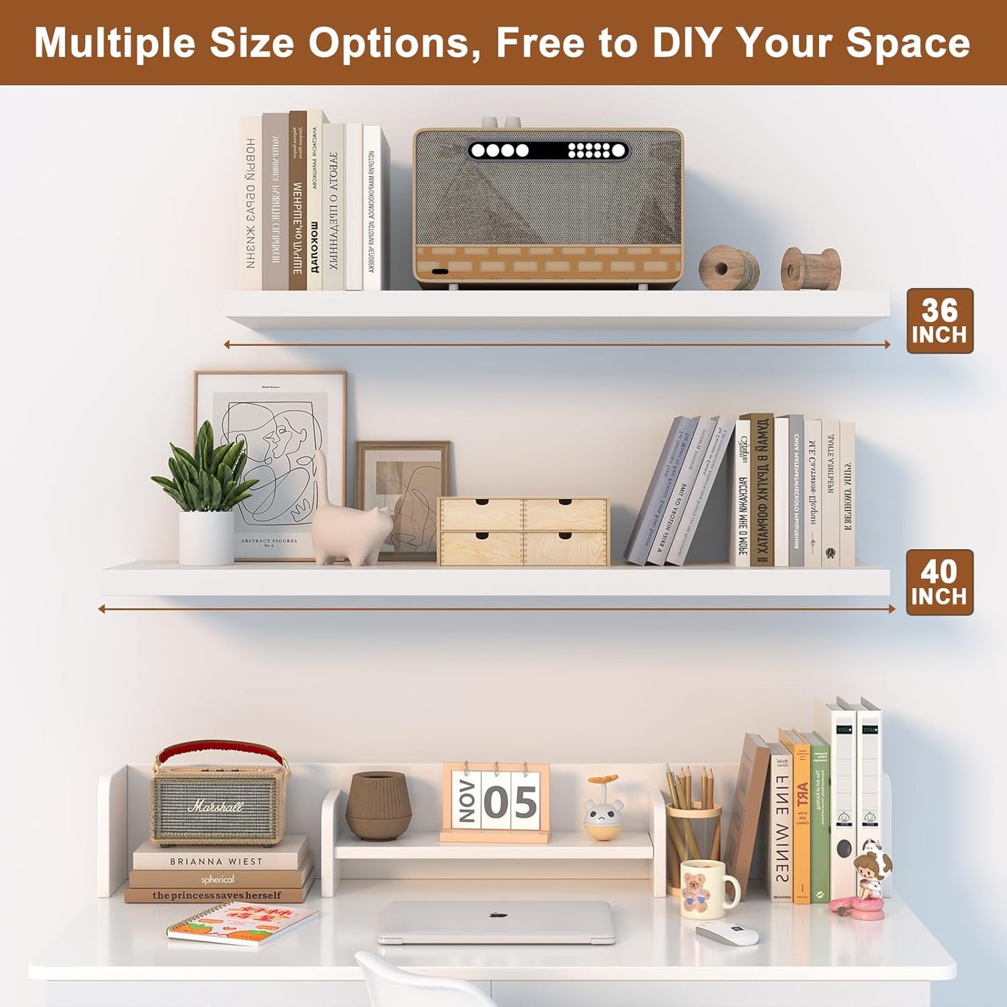 40 Inch Floating Shelf 1 Pack Large Floating Shelves for Wall No Drilling Accessories Included Deep Wall Shelves for Living Room Kitchen Farmhouse 40" W x 12" D x 1.2" White