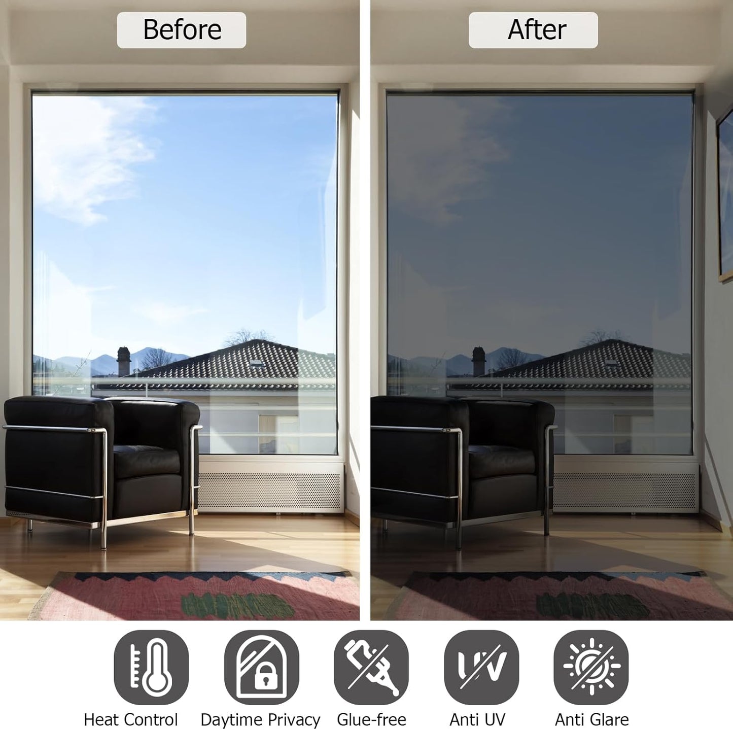 HIDBEA One Way Window Film, Daytime Privacy Sun Blocking Reflective Window Film No Glue Static Cling Heat Control Window Tinting Film for Home and Office, Black Silver, 45.3 x 157.5 Inch