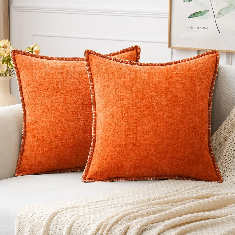 MIULEE Pack of 2 Fall Couch Throw Pillow Covers 18x18 Inch Bright Orange Farmhouse Decorative Pillow Covers with Stitched Edge Soft Chenille Solid Dyed Pillow Covers for Sofa Bed Living Room