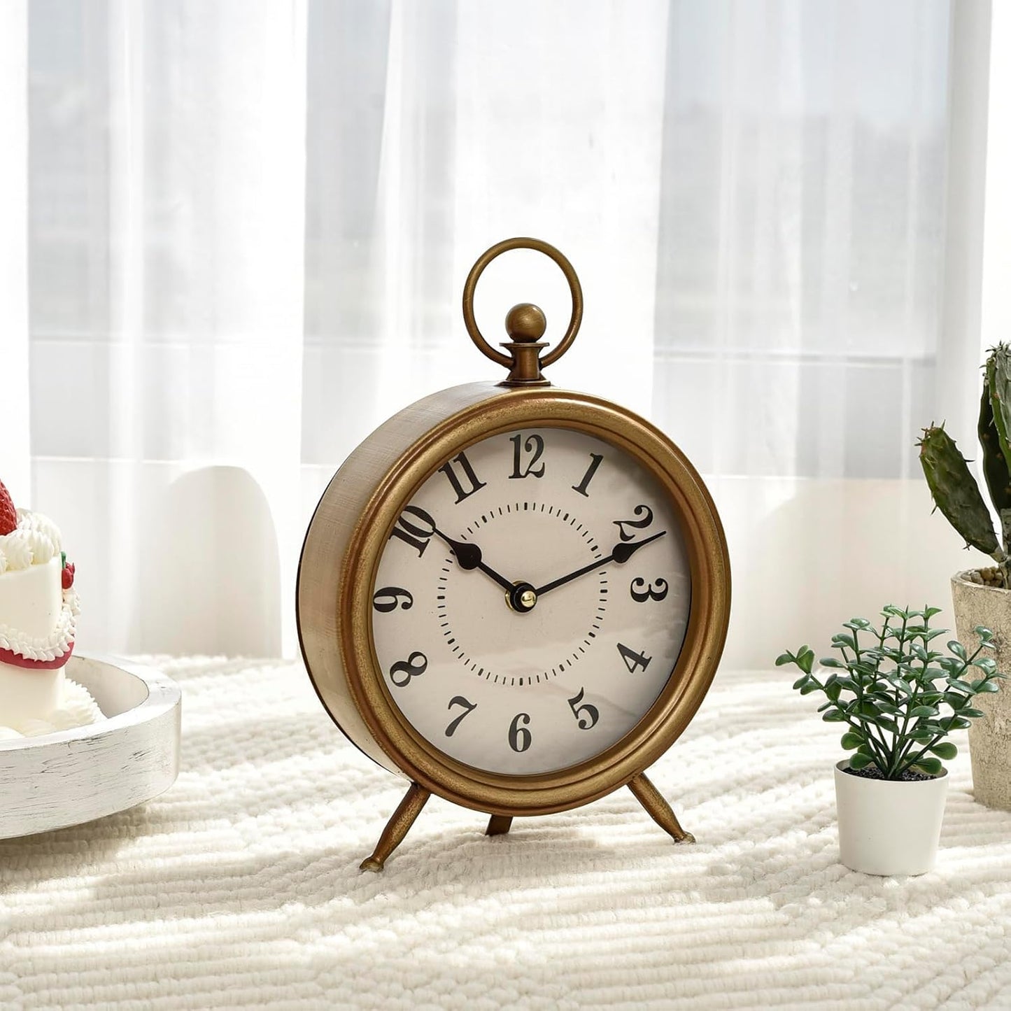Vintage Table Clock on Stand, Decorative Desk and Shelf Clock Farmhouse Mantel Non-Ticking Clock Rustic Metal Frame with Antique Gold Finish