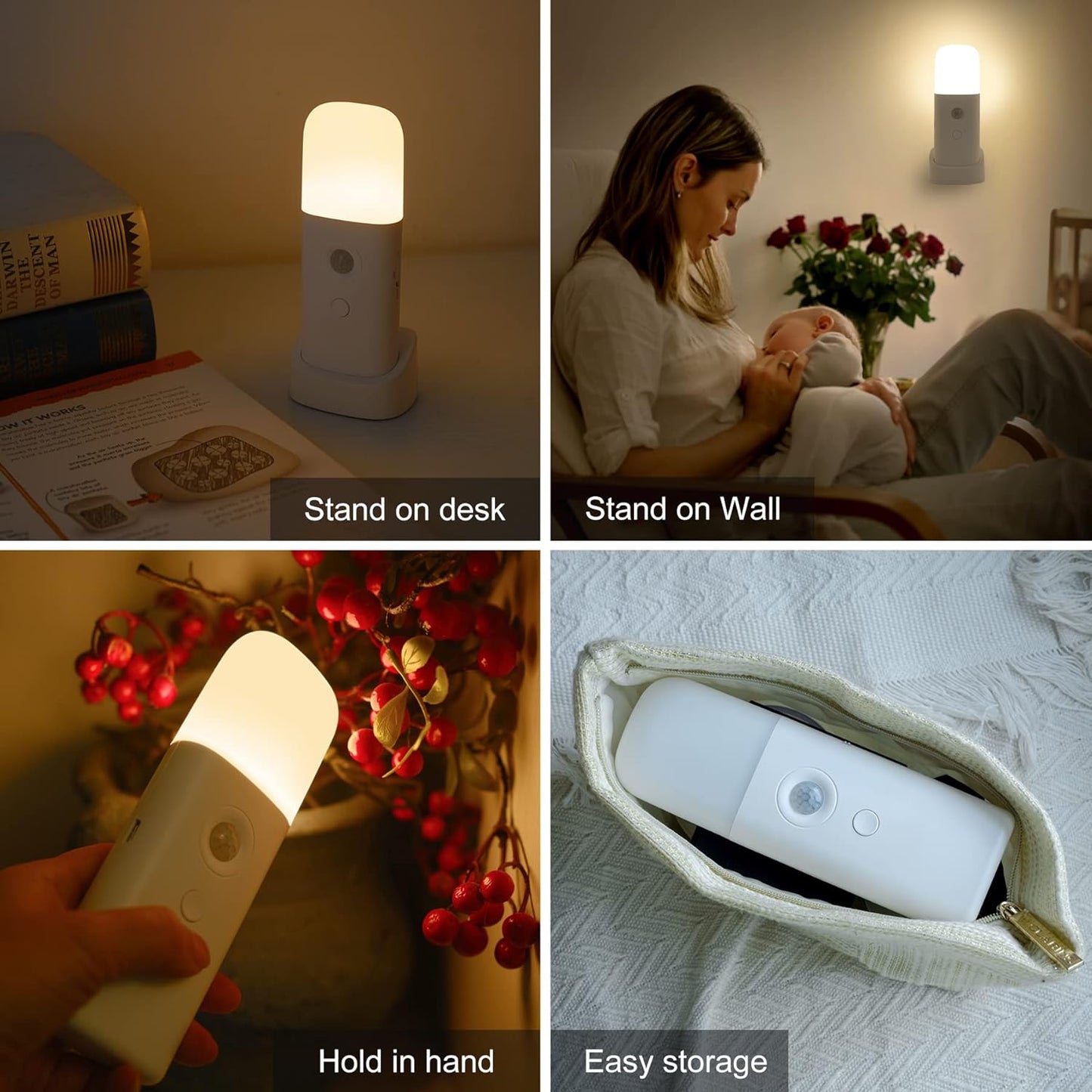 Rechargeable Motion Sensor Night Light, Battery Operated nightlights, Dimmable Motion Sensor Light Indoor, Cordless Motion Activated Night Lights for Adults, Bathroom, Bedroom, Hallway(2Pack)