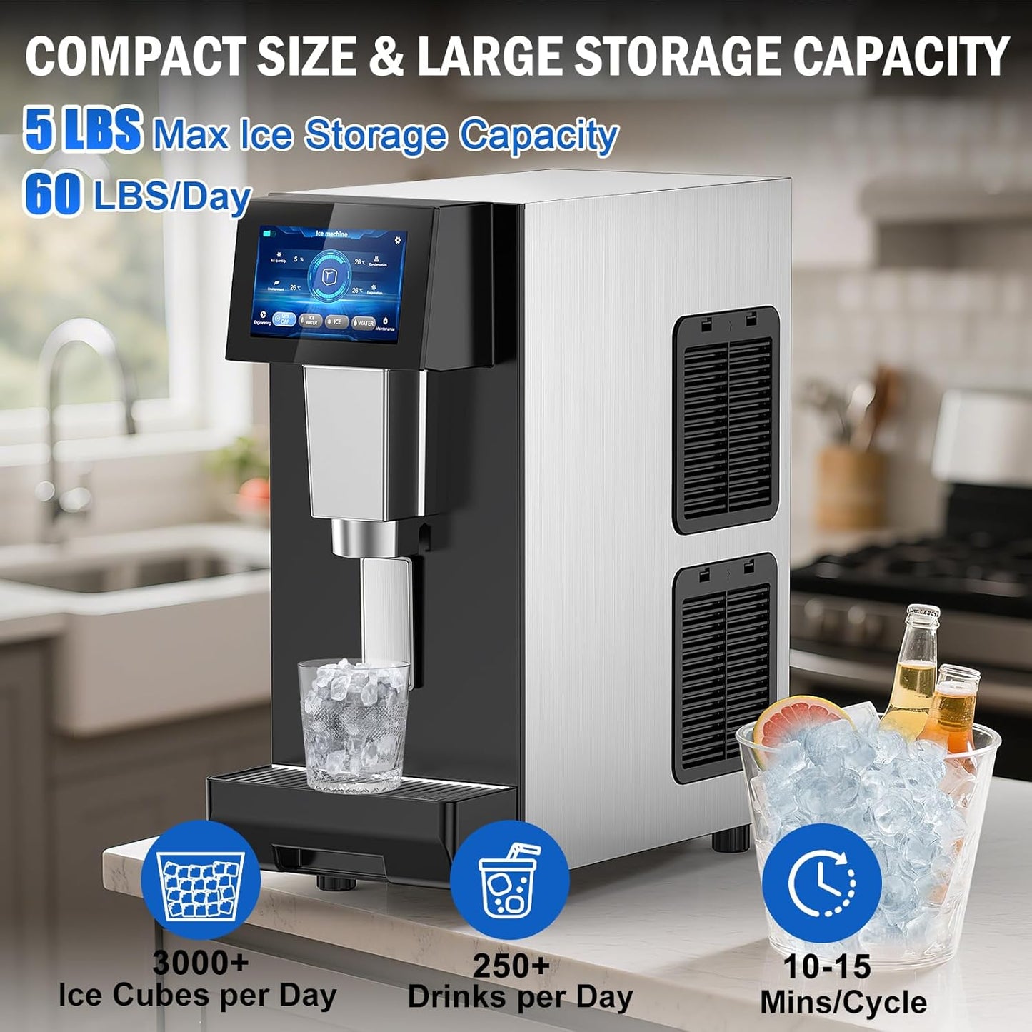 Nugget Ice Maker Countertop, 60LBS/Day with 5LBS Storage Bin, Water Dispenser Countertop Ice Maker Machine Stainless Steel, Soft Chewable Pellet Ice Machine for Home Bar Kitchen Office, Self-Cleaning
