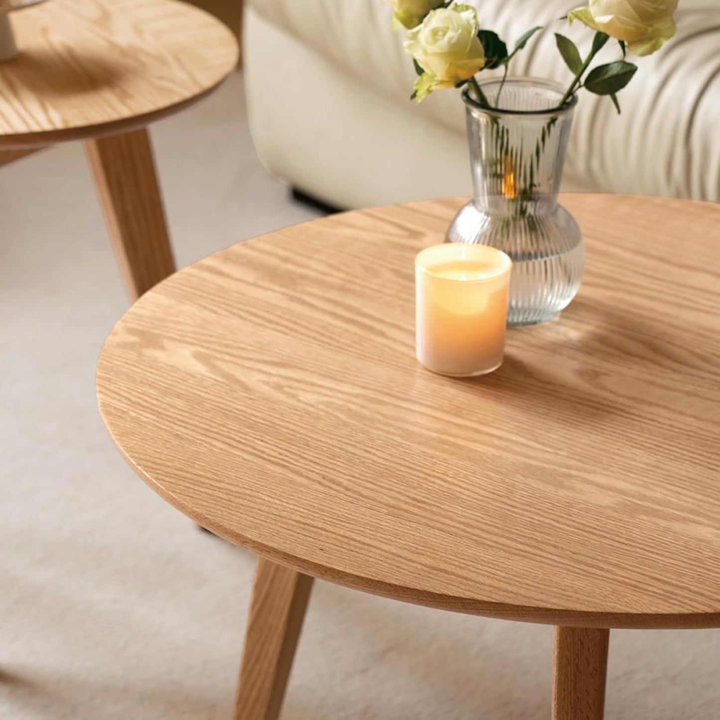 100% Solid Oak Wood Coffee Table Set, Round Coffee Table Combo Side Table w/Solid Wood Legs, Mid Century Table Sturdy Tables for Bedroom Balcony Living Room (Natural, 3 Pieces)