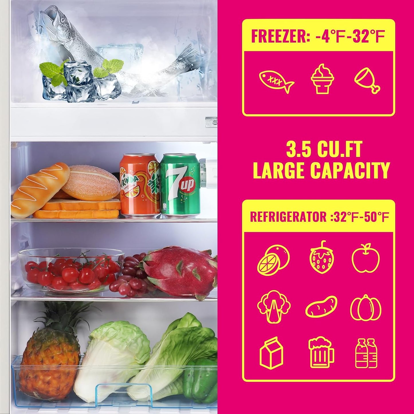 Mini Fridge Dual Door Refrigerator with Freezer, 3.5 Cu.Ft Compact Refrigerator with Handle, Adjustable Temperature & Removable Glass Shelves, for Apartment/Dorm/Office/RV, Black