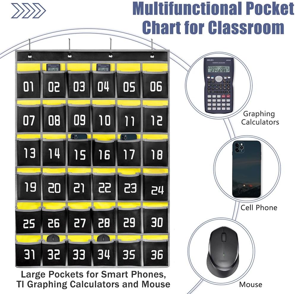 Loghot Classroom Accessories Closet Pocket Chart for Cell Phones Holder Wall Door Hanging Organizer (36 Pockets Black)