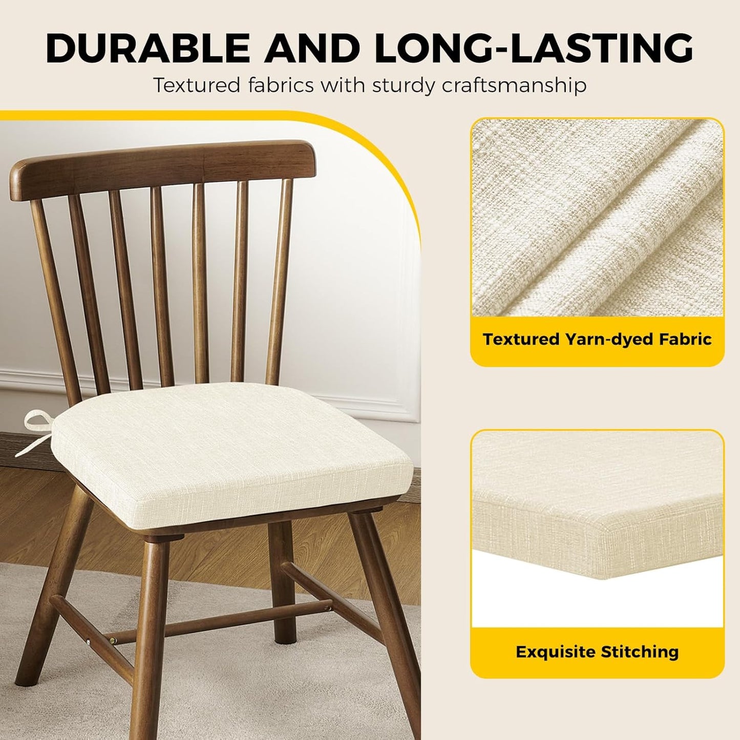downluxe Indoor Chair Cushions for Dining Chairs, Soft and Comfortable Textured Foam Kitchen Chair Pads with Ties and Non-Slip Backing, 16" x 16" x 2", Beige, 4 Pack