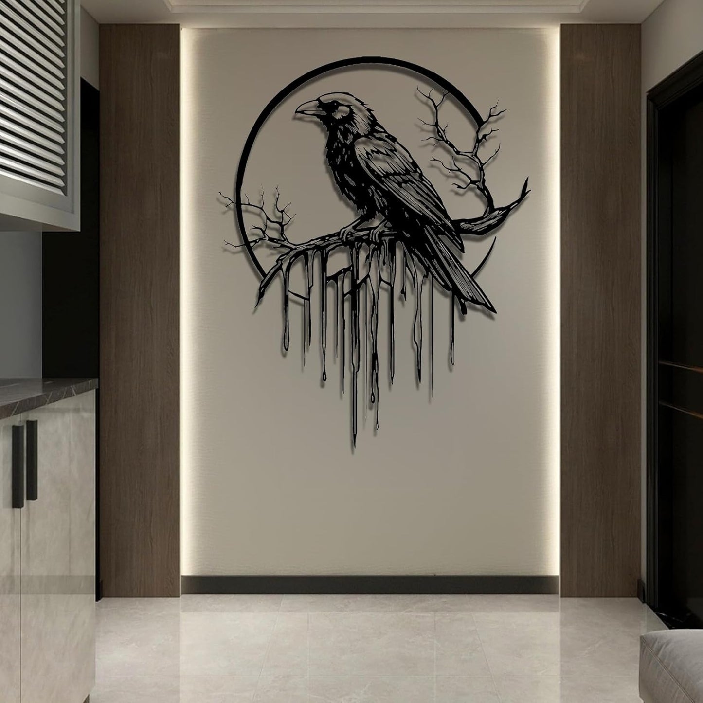 Crow Metal Wall Decor, Raven Wall Art, Large Gothic Raven Decor Hangings, Bird Wall Decor, Metal Tree Branch Decor, Ravens Sign, Raven Art for Living Room (White, 30"x24" |76x61cm, metal wall art)