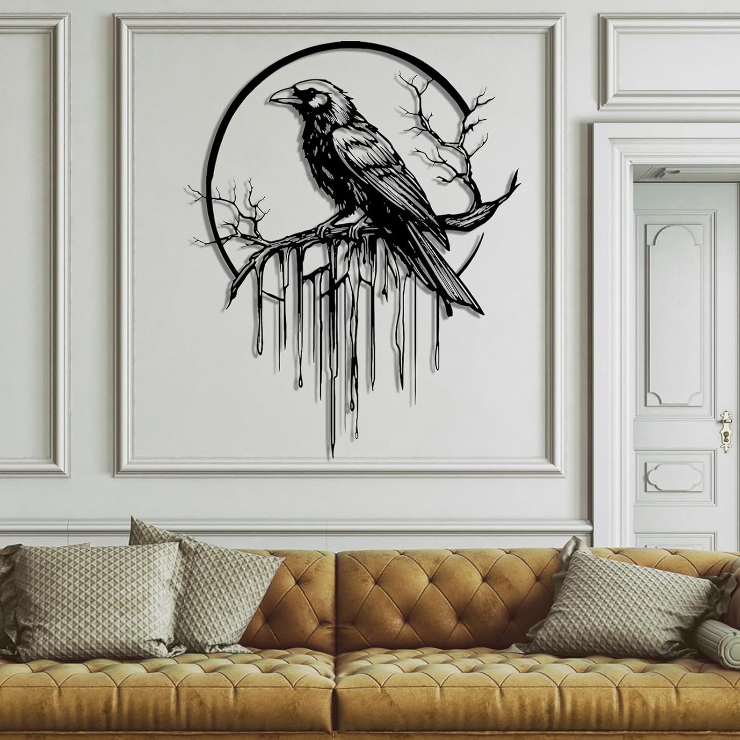 Crow Metal Wall Decor, Raven Wall Art, Large Gothic Raven Decor Hangings, Bird Wall Decor, Metal Tree Branch Decor, Ravens Sign, Raven Art for Living Room (White, 35"x28" | 90x72cm, metal wall art)