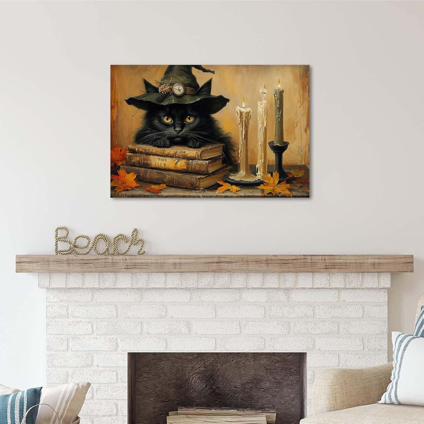 Vintage Halloween wall decoration black cat and magic book suitable for home bedroom living room decoration dark classic art witch wall decoration12x16in Wood Framed