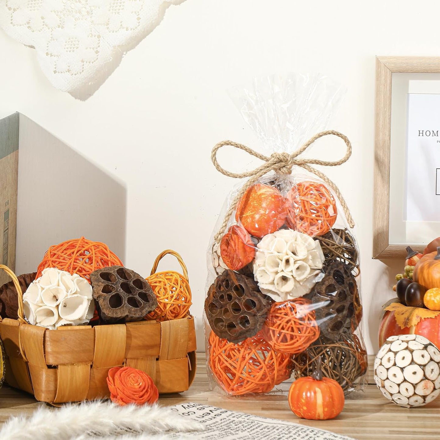 Riceshoot 2 Pack Decorative Balls Potpourri Bowl Filler Decor Natural Vase Bowl Filler Assorted Spherical Rattan Twigs Wicker Balls Cotton for Home Centerpiece(Orange)