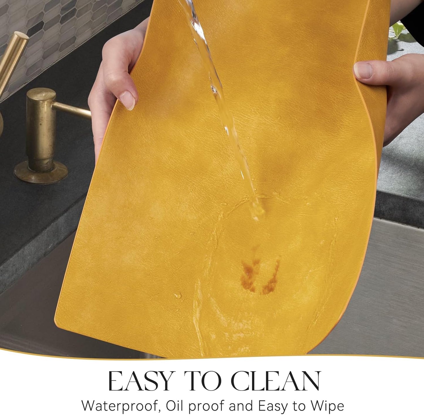 MOSAYT Vinyl Placemats Set of 6-12 X 17 Inch - Faux Leather 100% Waterproof Oil-Proof Wipeable PU Place Mats, Heat Resistant Reversible Table Mats for Kitchen, Dining, Outdoor (Yellow)