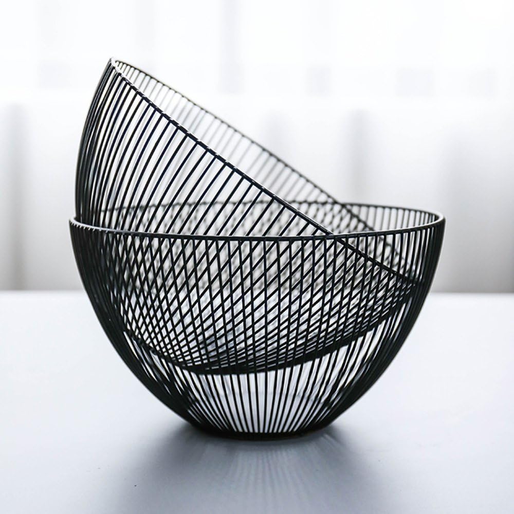 Metal Wire Fruit Basket, Black Fruit Vegetable Bowl for Kitchen Counter, Round Produce Storage Basket for Veggie Snack (Round A)