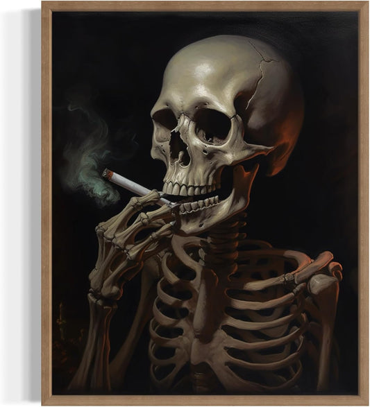 Skull Smoking Ciggarettes Poster Art Print, Halloween Scary Vintage Wall Art Academia Spooky Painting Decoration for Horror Prints, Gothic Posters Bedroom Decor 89 (Skull Smoking Ciggarettes, 11 x 14 inches, Wood Frame)