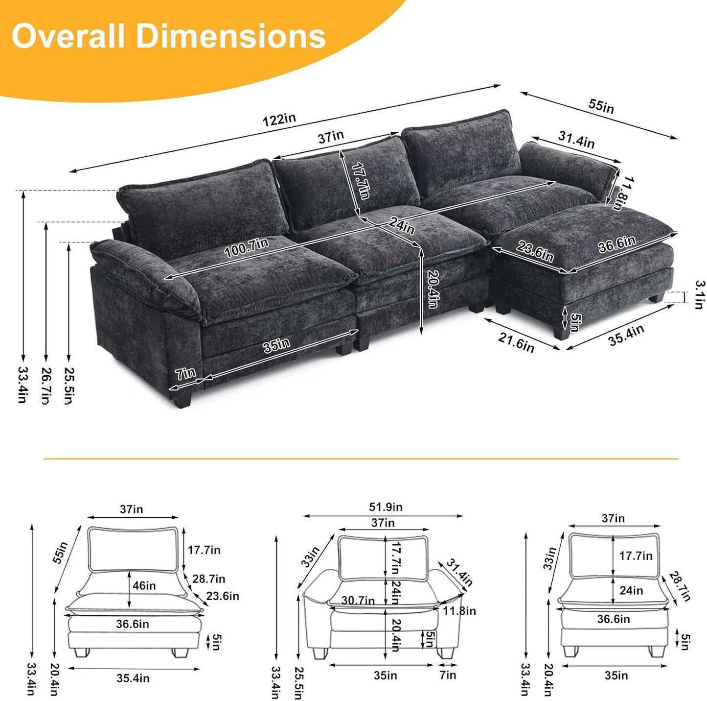 Karl home Sectional Sofa Modular Deep Seat Sofa Couch with Ottoman, Chenille Sofa Sleeper Comfy Upholstered Furniture for Living Room, Apartment, Studio, Office, (3-Seat & 1-Ottoman, Black)