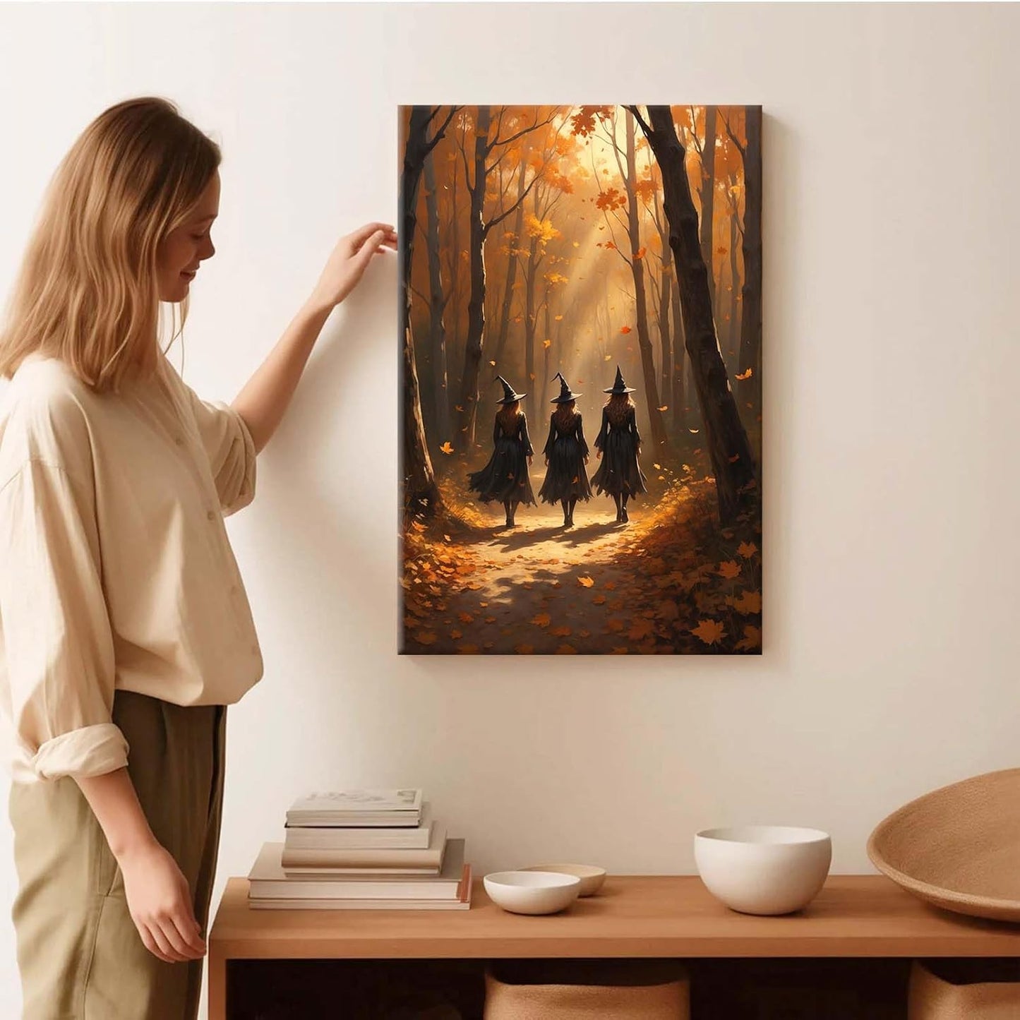 JFHCQJPK Three witches walking in the forest in autumn canvas painting gothic poster halloween print country witch wall art for home decoration28x40in Frameless