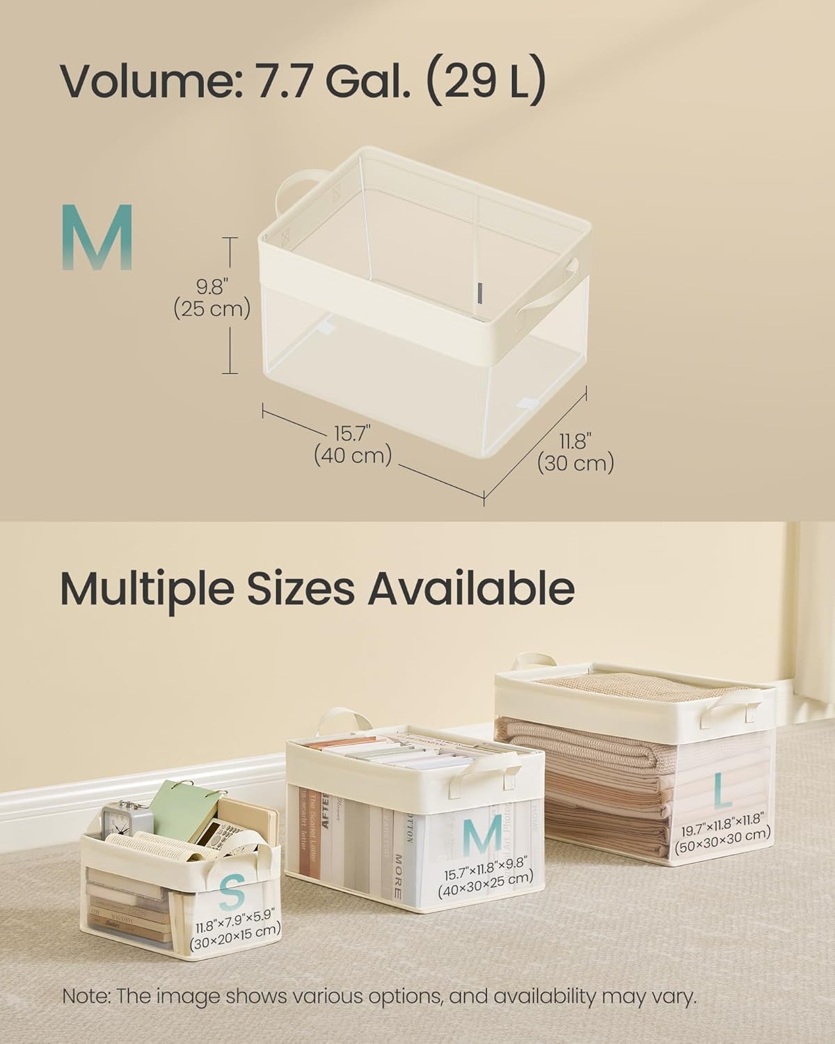 SONGMICS ClosetOrganizers Set of 3, Medium Fabric Storage Baskets, Foldable Organizer with Transparent Nylon Mesh, 15.7 x 11.8 x 9.8 Inches, Handles, for Bedroom, Living Room, Cream White URFB940W01