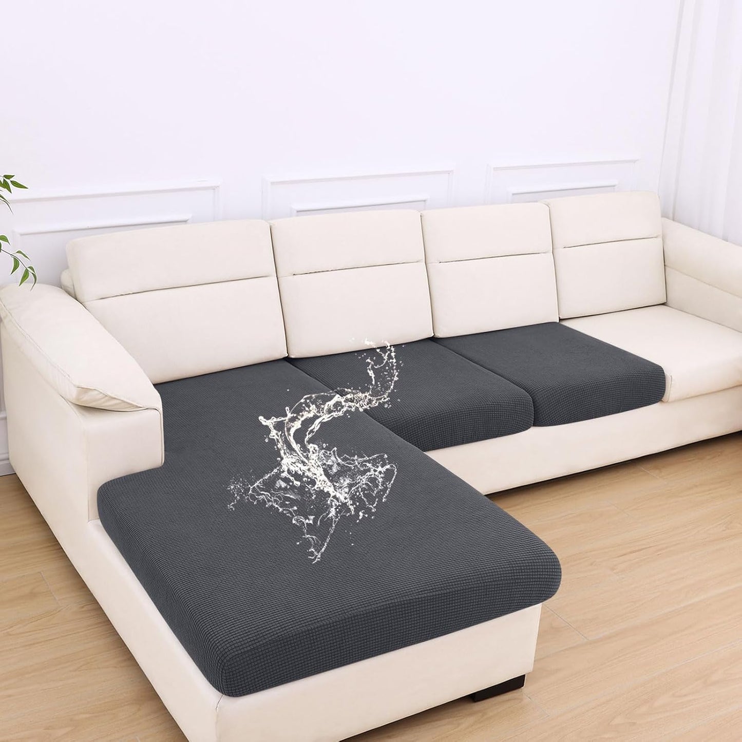 hyha Waterproof Couch Cushion Covers for Pets, Non Slip Sofa Seat Cover for Dogs Washable, Soft Thick Stretch Jacquard Fabric, Sofa Slipcovers with Elastic Bottom (1 Chaise+2 Seater, Grey)