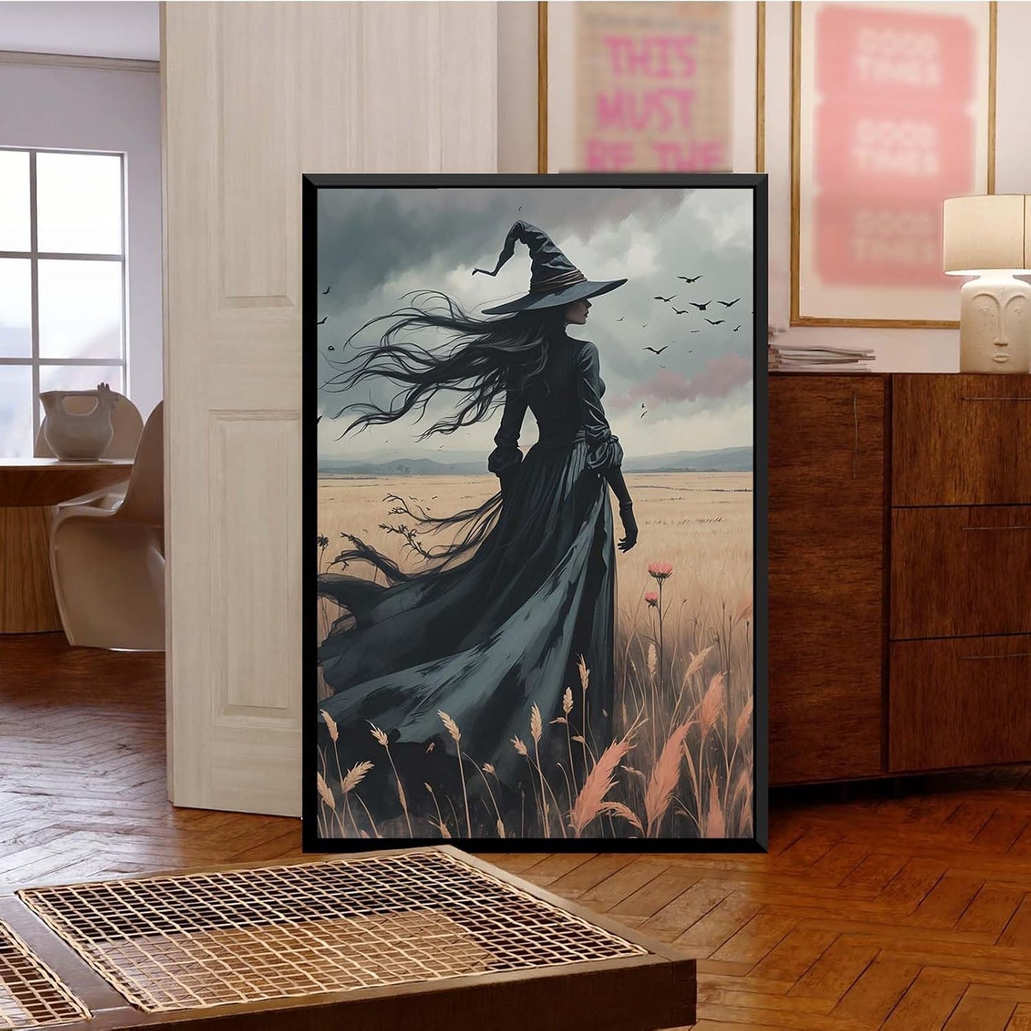 JFHCQJPK Gothic Decor Canvas Wall Art Witch in Rice Field Halloween Art Decor Print Nature Print Victorian Home Bedroom16x24in Metal blackFramed