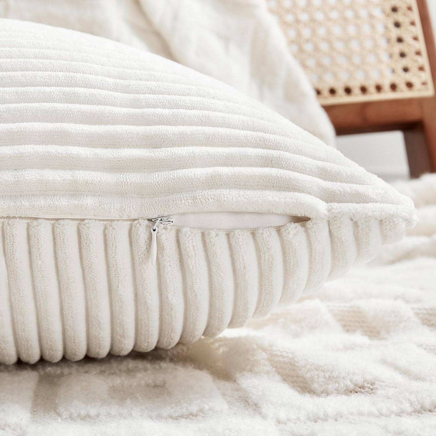 Fancy Homi 2 Packs Cream White Lumbar Decorative Throw Pillow Covers 12x20 Inch for Couch Bed Sofa, Rustic Farmhouse Boho Home Decor, Soft Striped Corduroy Rectangle Accent Cushion Case 30x50 cm
