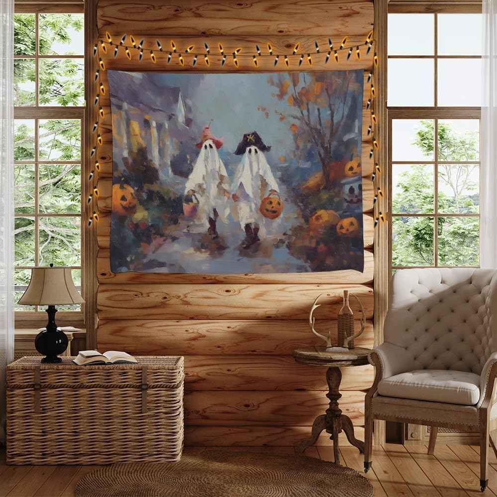 Funny Halloween Ghost Tapestry Wall Hanging Cute Kids Nursery Room Decor Trick or Treat Art Print Goth Fall Pumpkin Ghost Tapestries for Living Room Bedroom wall Decor 40x60inch