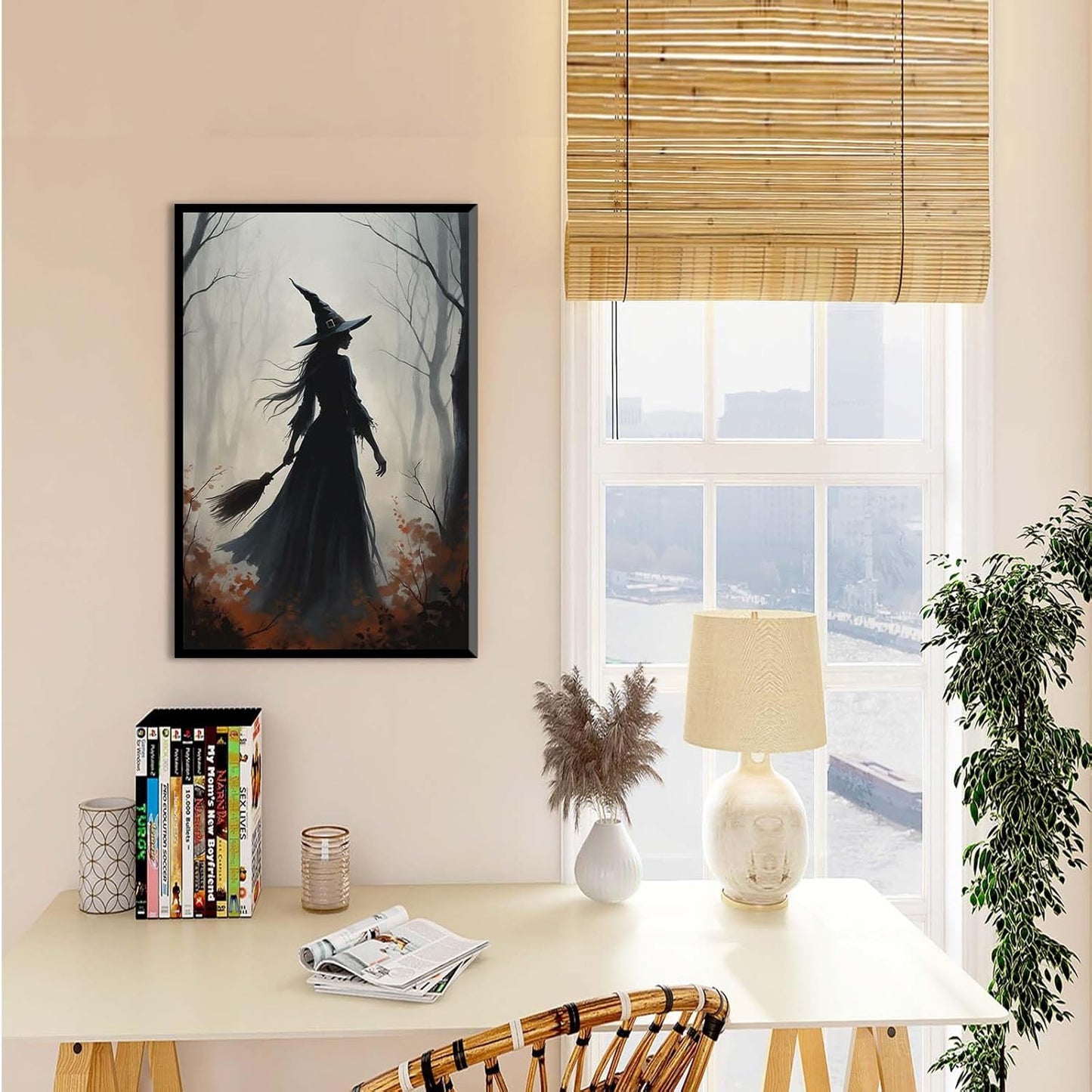 JFHCQJPK Vintage forest witch silhouette poster Halloween mural poster decoration mural art magic suitable for home living room bedroom12x16in Metal blackFramed