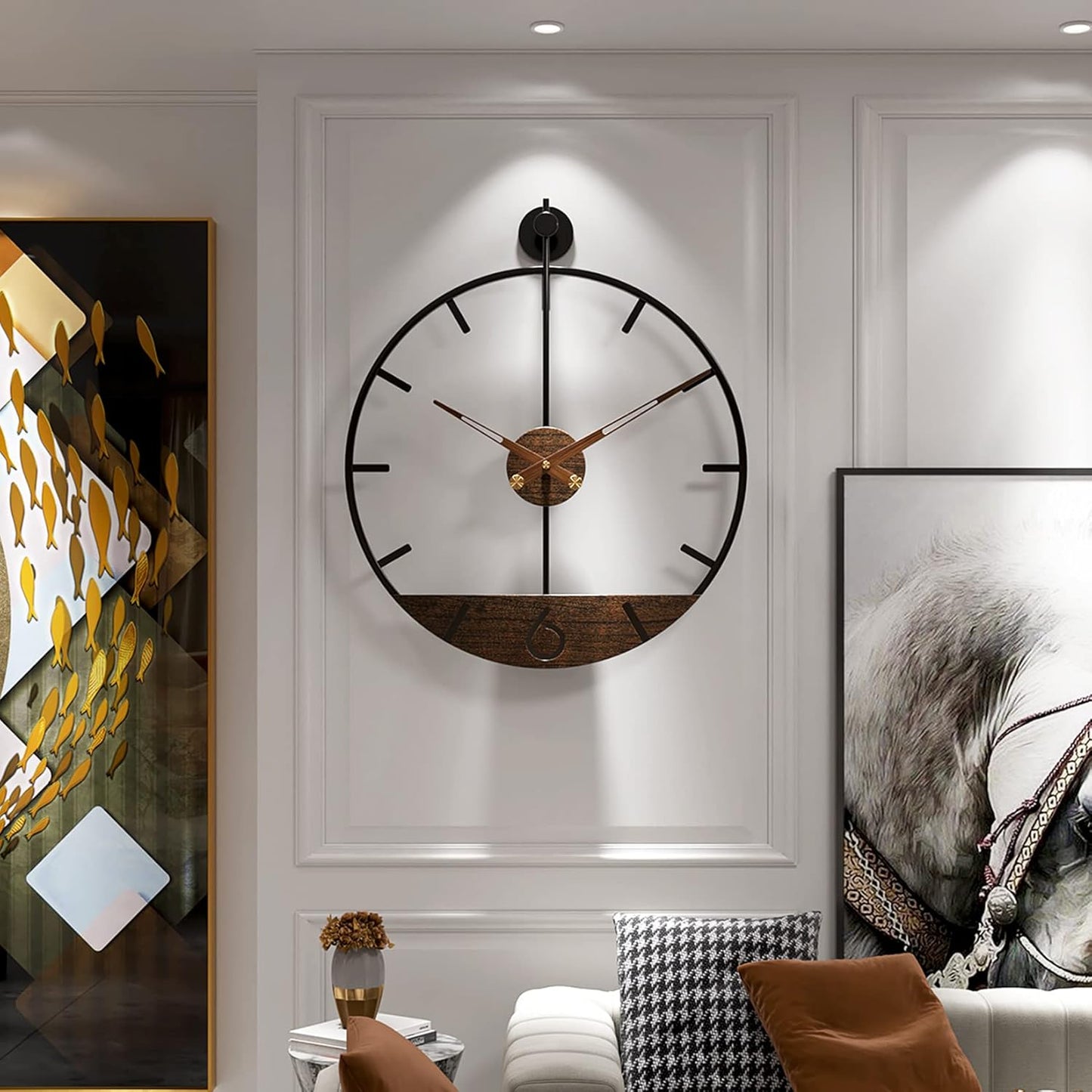 Modern Wood Walnut Dial Wall Clock, Large Simple Wall Decor Metal Frame Silent Non Ticking Clock for Living Room Decor, Kitchen, Bedroom, Study Decoration, Handmade Home Gift Idea, 22.5 in
