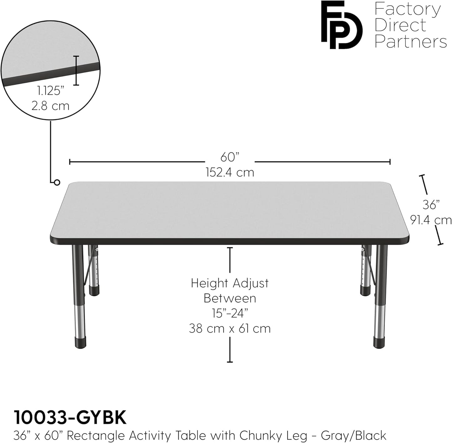 FDP Rectangle Activity School and Classroom Kids Table (36 x 60 inch), Toddler Leg, Adjustable Height 15-24 inches - Gray Top and Black Edge