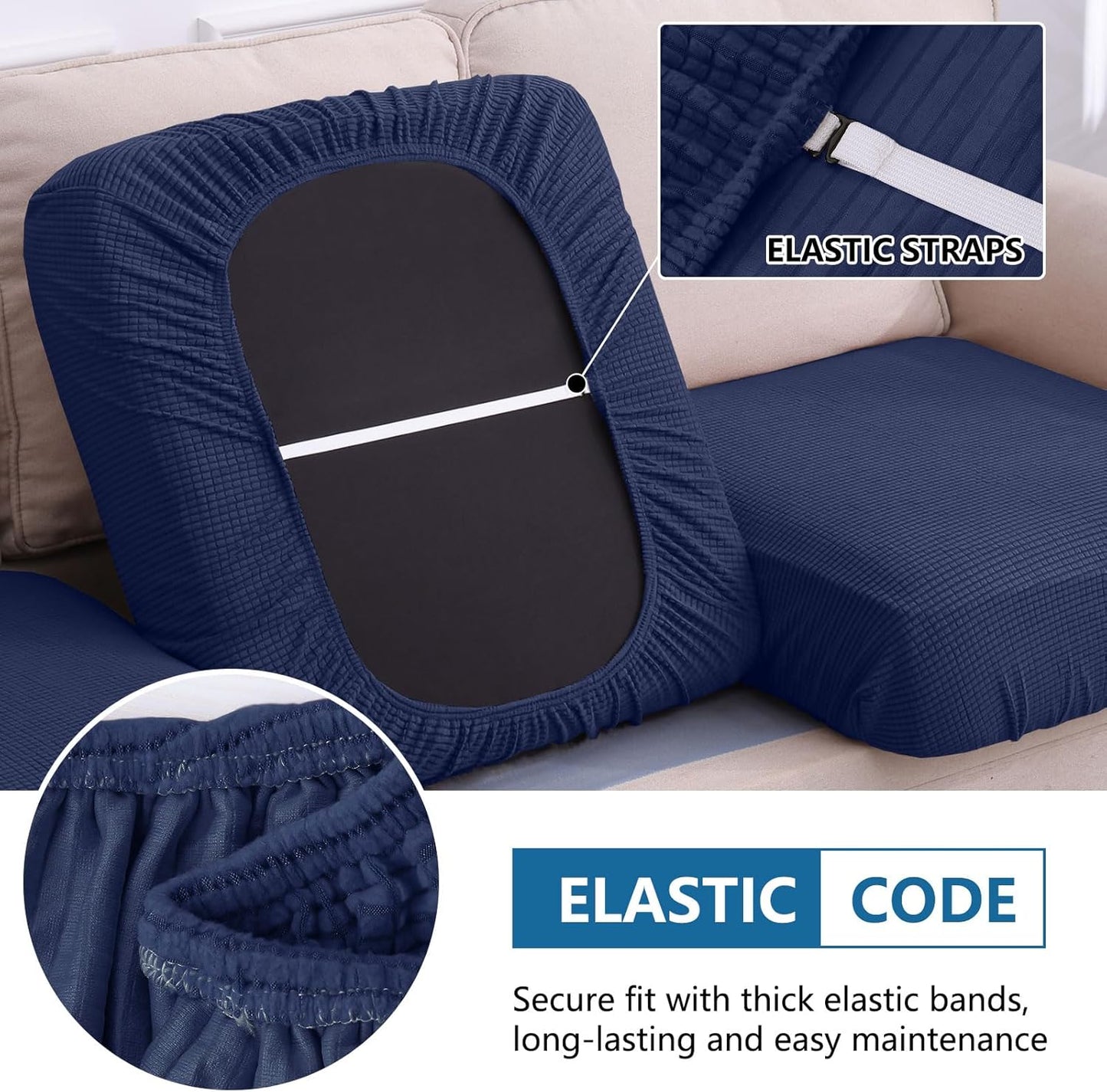 hyha Waterproof Couch Cushion Covers for Pets, Non Slip Sofa Seat Cover for Dogs Washable, Soft Thick Stretch Jacquard Fabric, Sofa Slipcovers with Elastic Bottom (2 Pieces, Navy)