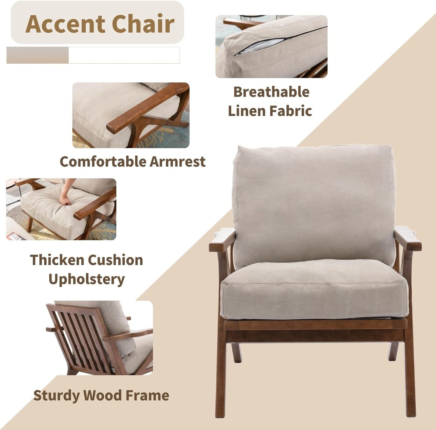 HNY Set of 2 Mid Century Accent Chair, Faux Leather Upholstered Armchair with Wood Frame and Canvas Cushions, Leisure Reading Chair Slipper Chair for Living Room, Bedroom, Beige
