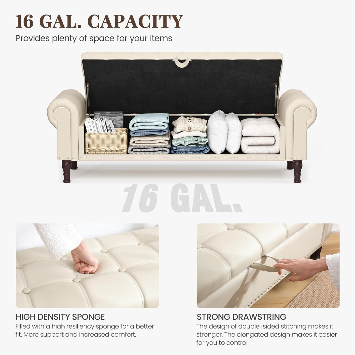 Storage Ottoman Bench for Bedroom, 60" Upholstered Bedroom Bench with Rolled Arms and Vintage Rivets, Large Storage Chest for Living Room, Bedroom, Entryway, Beige